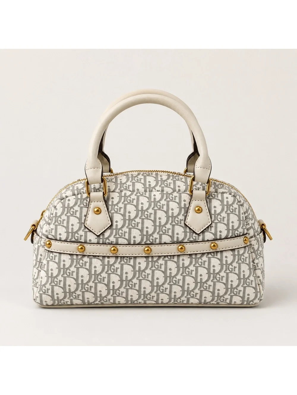 Monogram Boston Satchel Bag with Adjustable Crossbody Strap Gold Studded